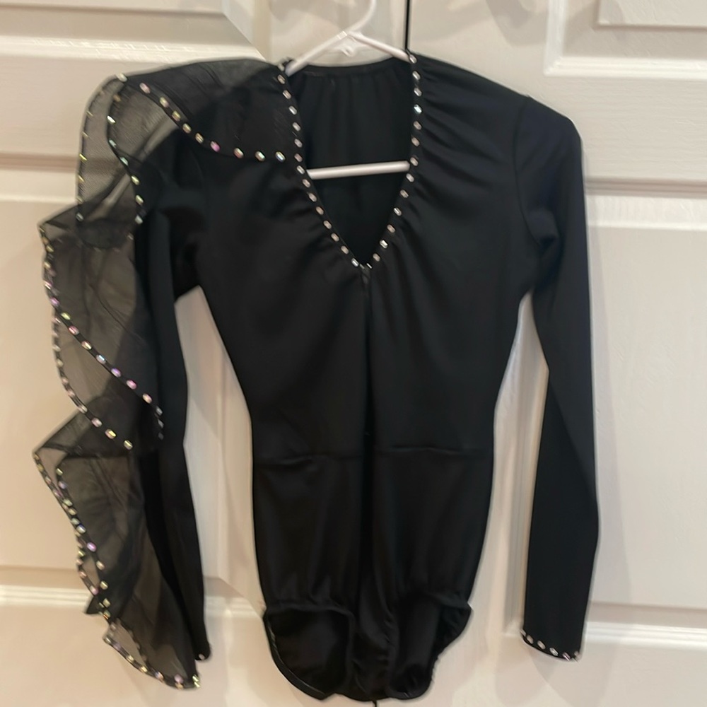 Kelle black dance leotard and pants with added rhinestones.